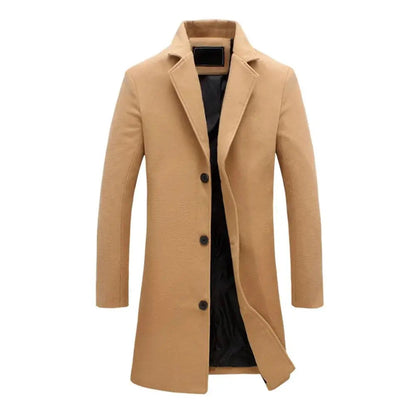 Men's tailored long coat with notched lapels, button front and side pockets