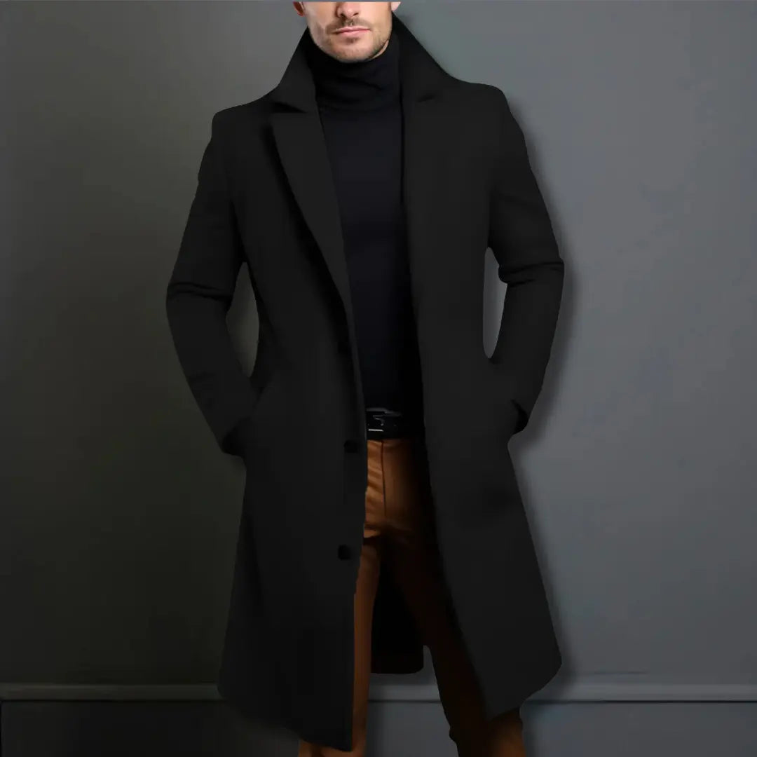 Men's tailored long coat with notched lapels, button front and side pockets