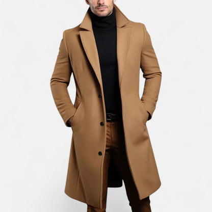 Men's long button-front coat with notched lapel and side pockets