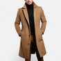 Men's long button-front coat with notched lapel and side pockets