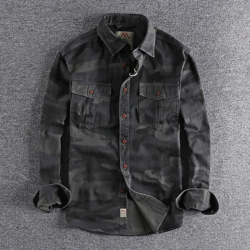 Men's camouflage button-up shirt with two chest pockets