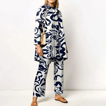 Women's geometric print blouse and wide-leg trousers two-piece set