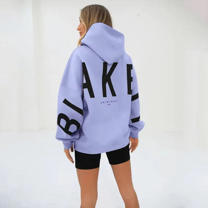 Women's hooded pullover with graphic back and sleeve print