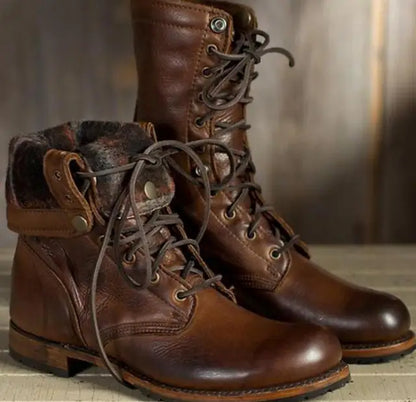 Women's lace-up combat boots with round toes and low heels