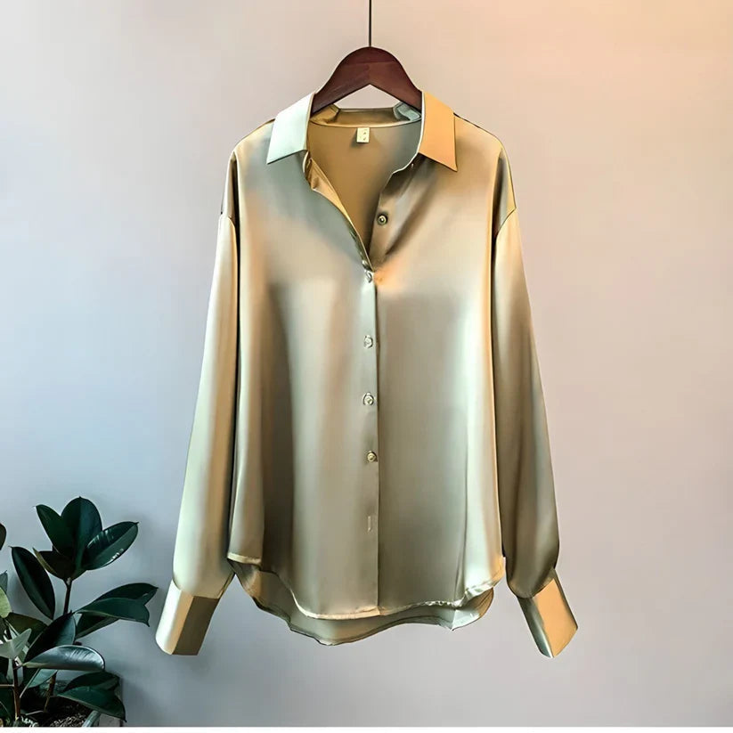 Women's long-sleeve button-front shirt blouse with pointed collar and curved hem