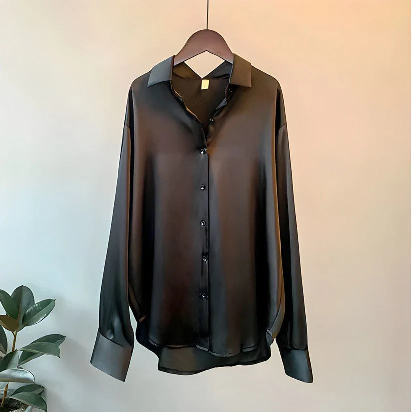 Women's long-sleeve button-front shirt blouse with pointed collar and curved hem