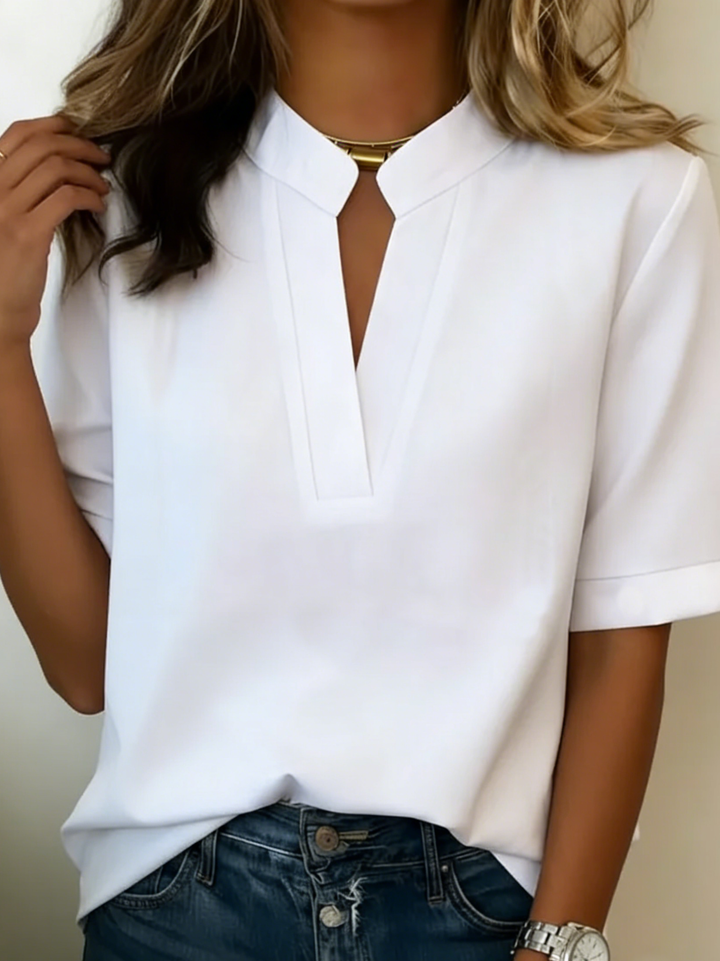 Women's half-sleeve V-neck blouse in light blue and dark blue