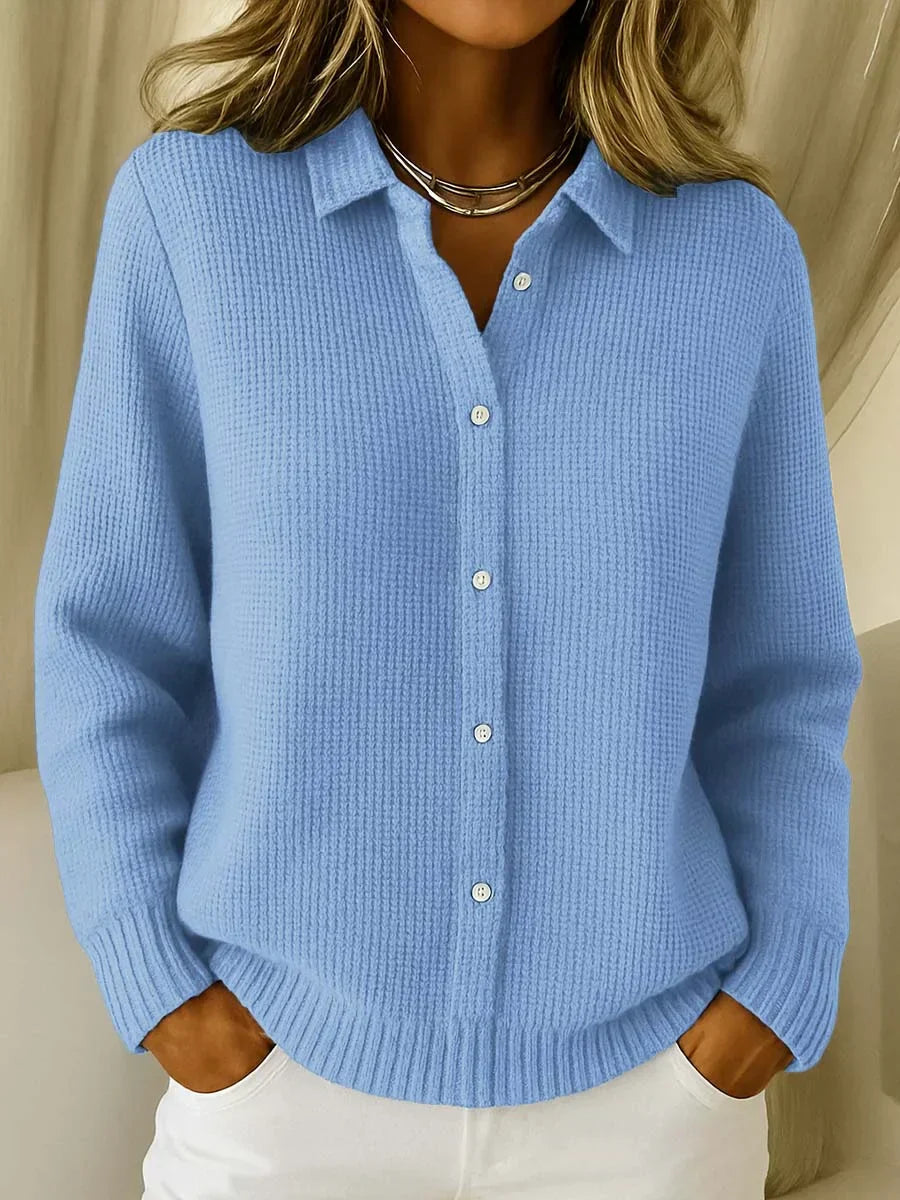 Women's collared button front knit cardigan with long sleeves