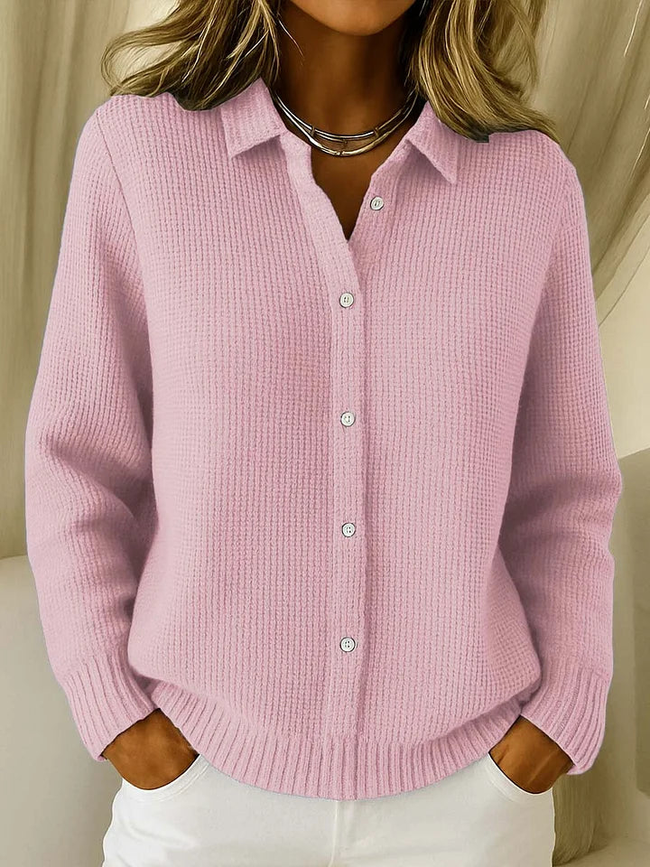 Women's collared button front knit cardigan with long sleeves