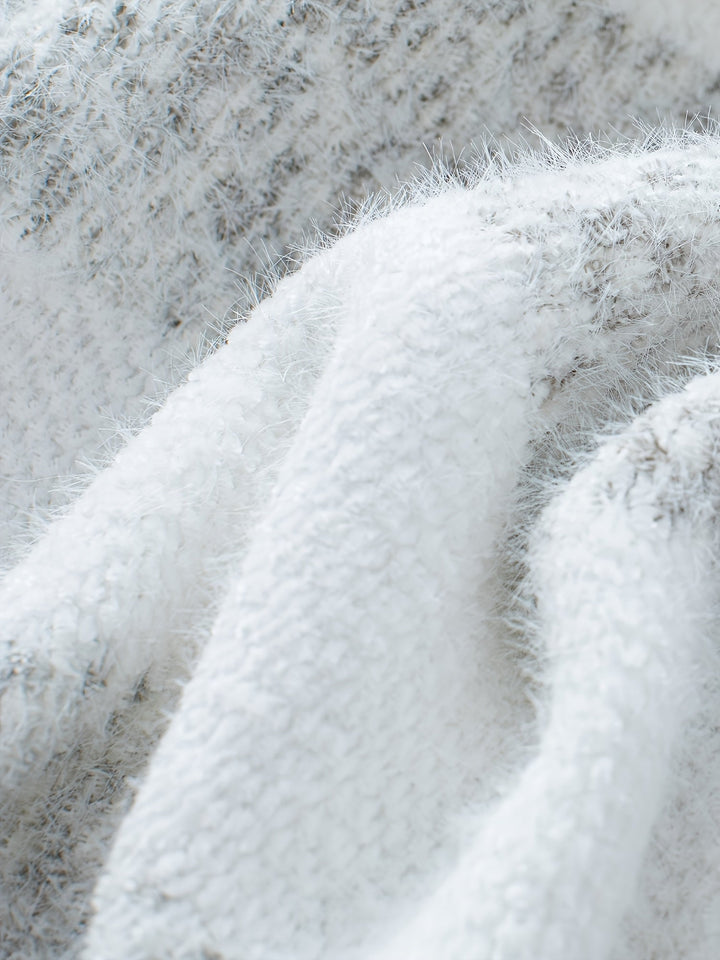 Women's grey and white striped roll neck sweater with long sleeves