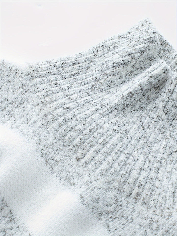 Women's grey and white striped roll neck sweater with long sleeves
