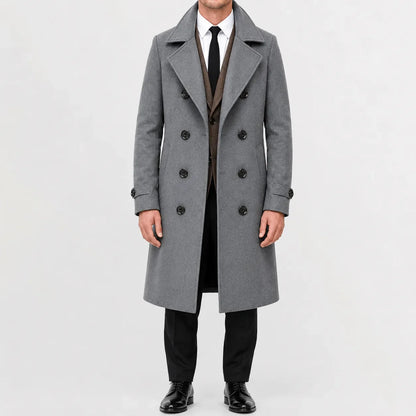 Men's long double-breasted trench coat with notched lapels and buttoned cuffs