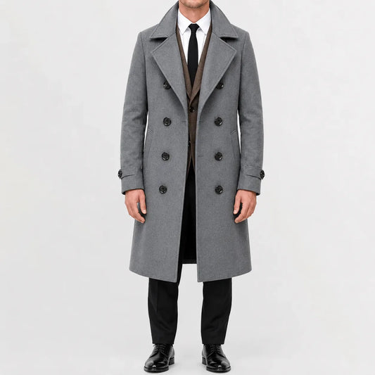 Men's long double-breasted trench coat with notched lapels and buttoned cuffs