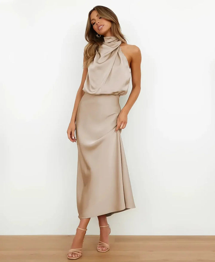 Women's halter midi dress with cowl neckline in beige and black