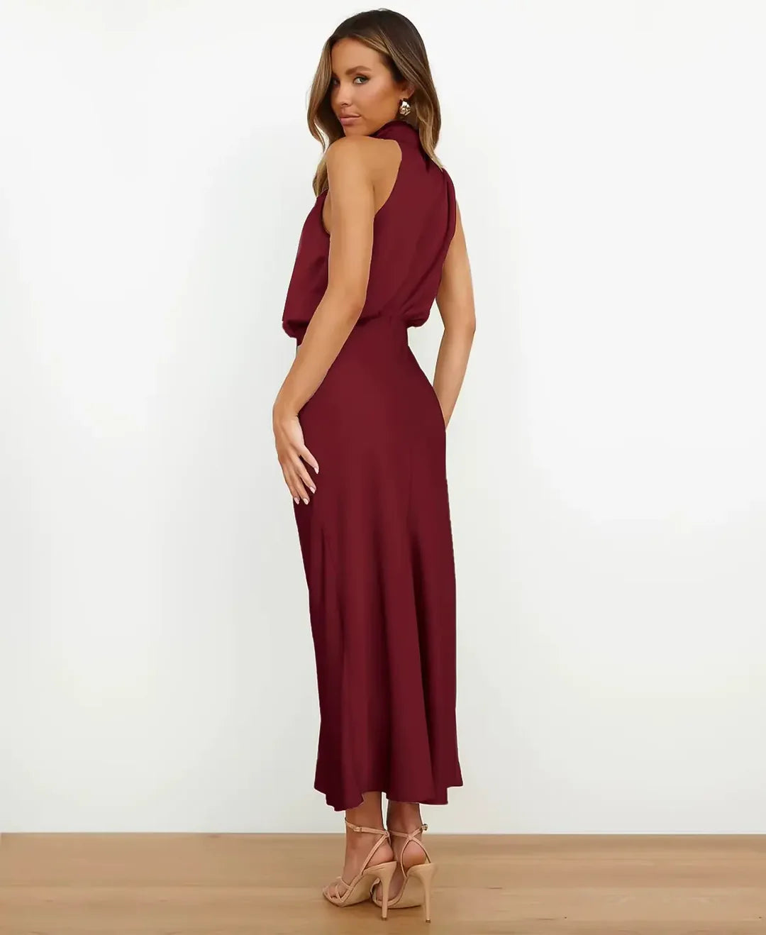 Women's halter midi dress with cowl neckline in beige and black