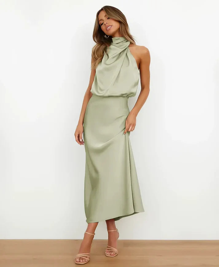 Women's halter midi dress with cowl neckline in beige and black