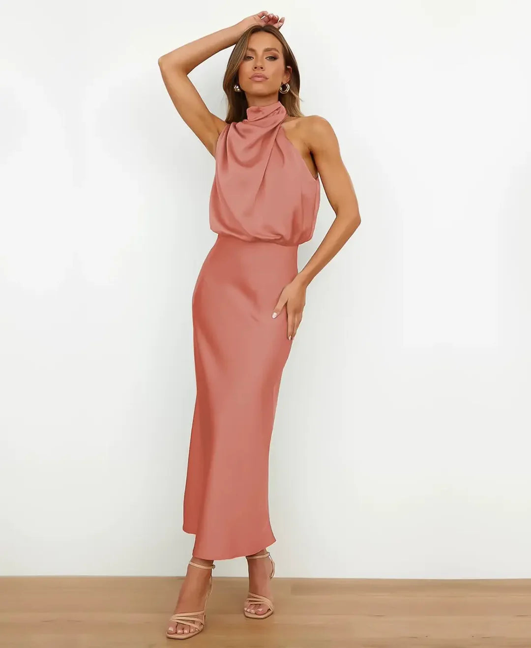 Women's halter midi dress with cowl neckline in beige and black