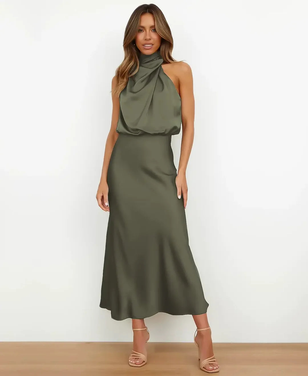 Women's halter midi dress with cowl neckline in beige and black