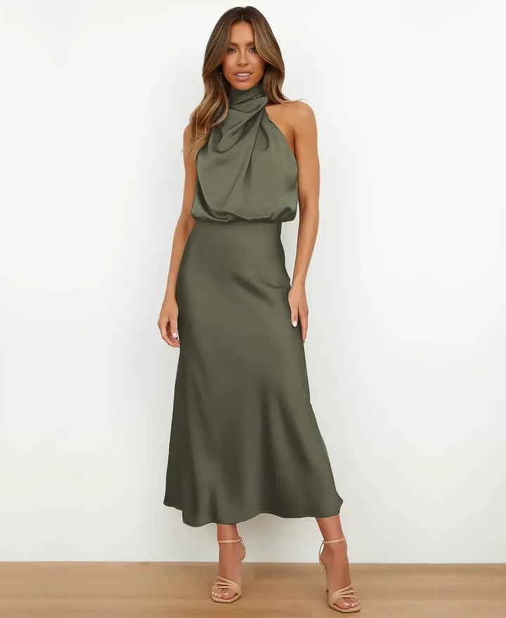 Women's halter midi dress with cowl neckline in beige and black