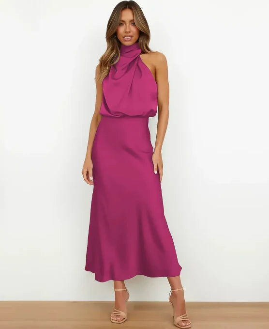 Women's halter midi dress with cowl neckline in beige and black
