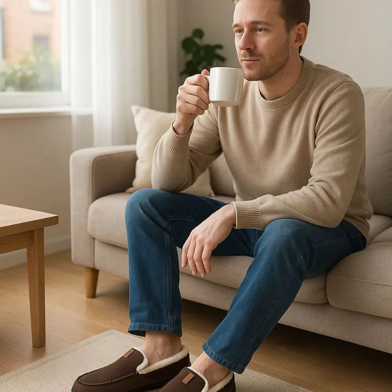Men's slip-on moc toe slippers with plush lining and flat textured soles