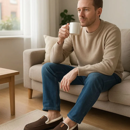 Men's slip-on moc toe slippers with plush lining and flat textured soles