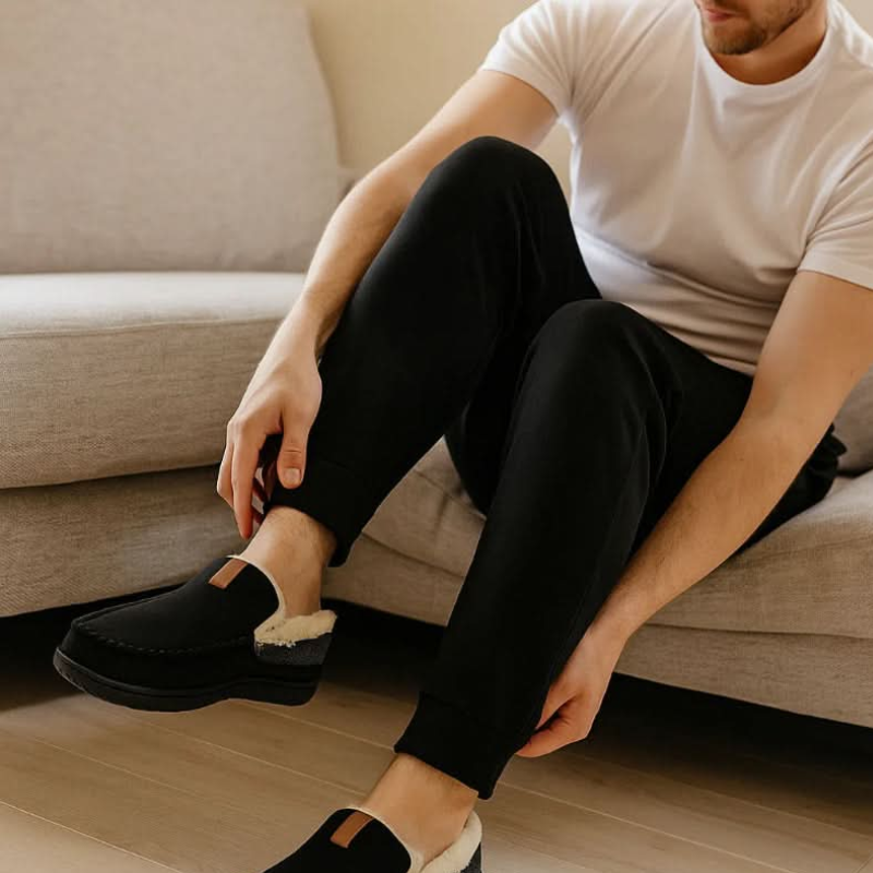 Men's slip-on moc toe slippers with plush lining and flat textured soles