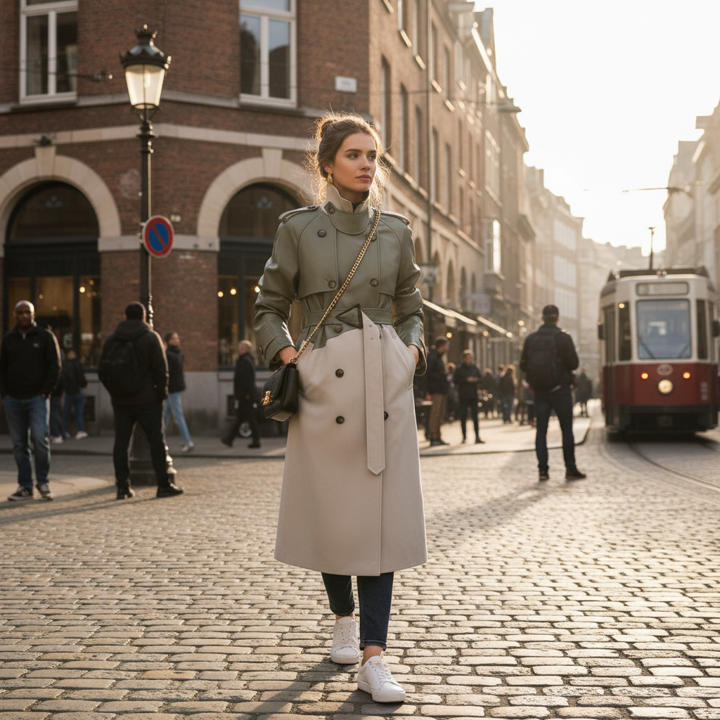 Women's two-tone belted trench coat with high collar