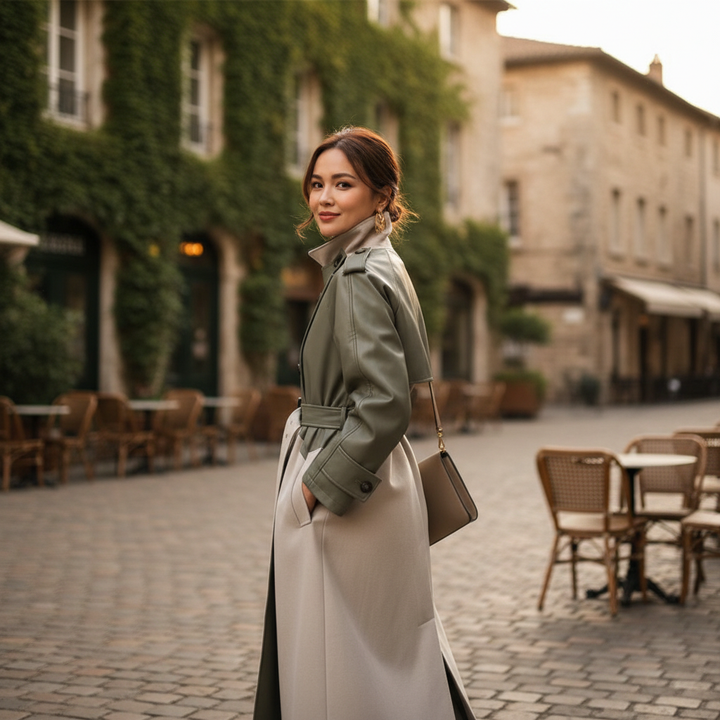 Women's two-tone belted trench coat with high collar