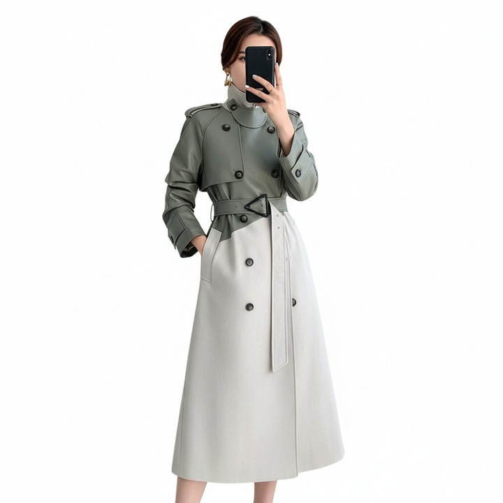 Women's two-tone belted trench coat with high collar