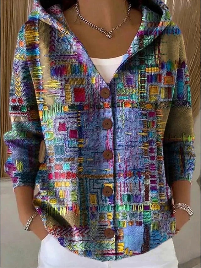 Women's hooded abstract pattern cardigan with buttons and long sleeves