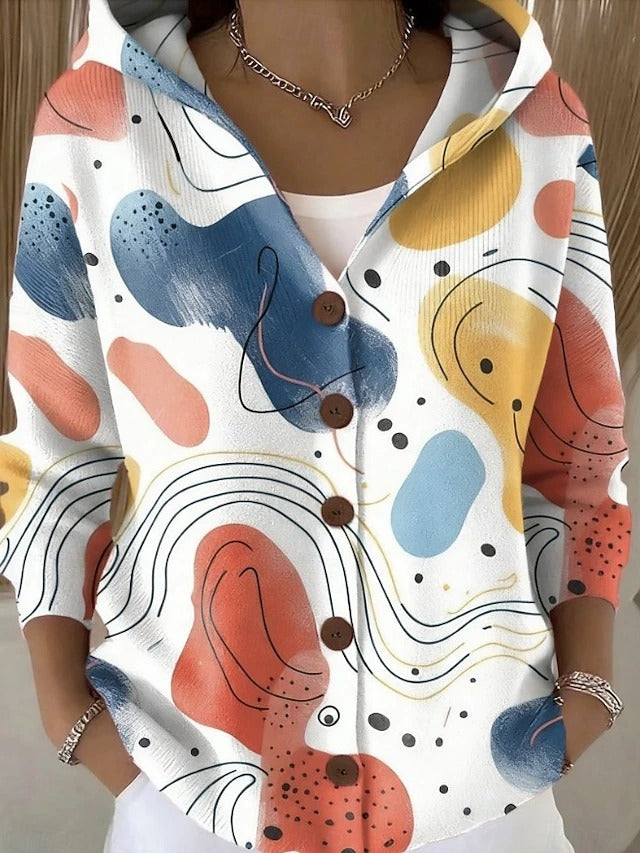 Women's hooded abstract pattern cardigan with buttons and long sleeves