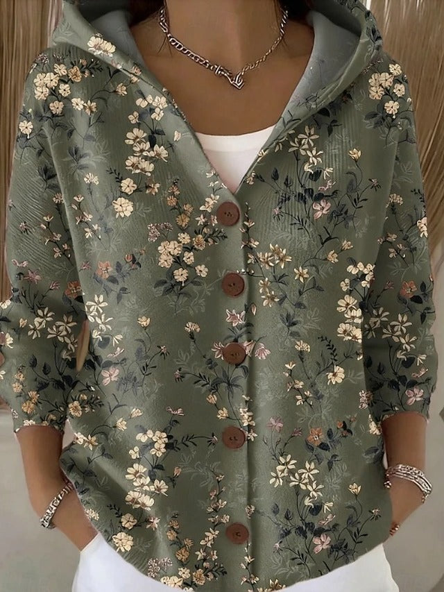 Women's hooded abstract pattern cardigan with buttons and long sleeves