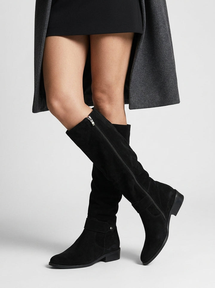Women's knee-high boots with ruched shafts, side zips and low block heels