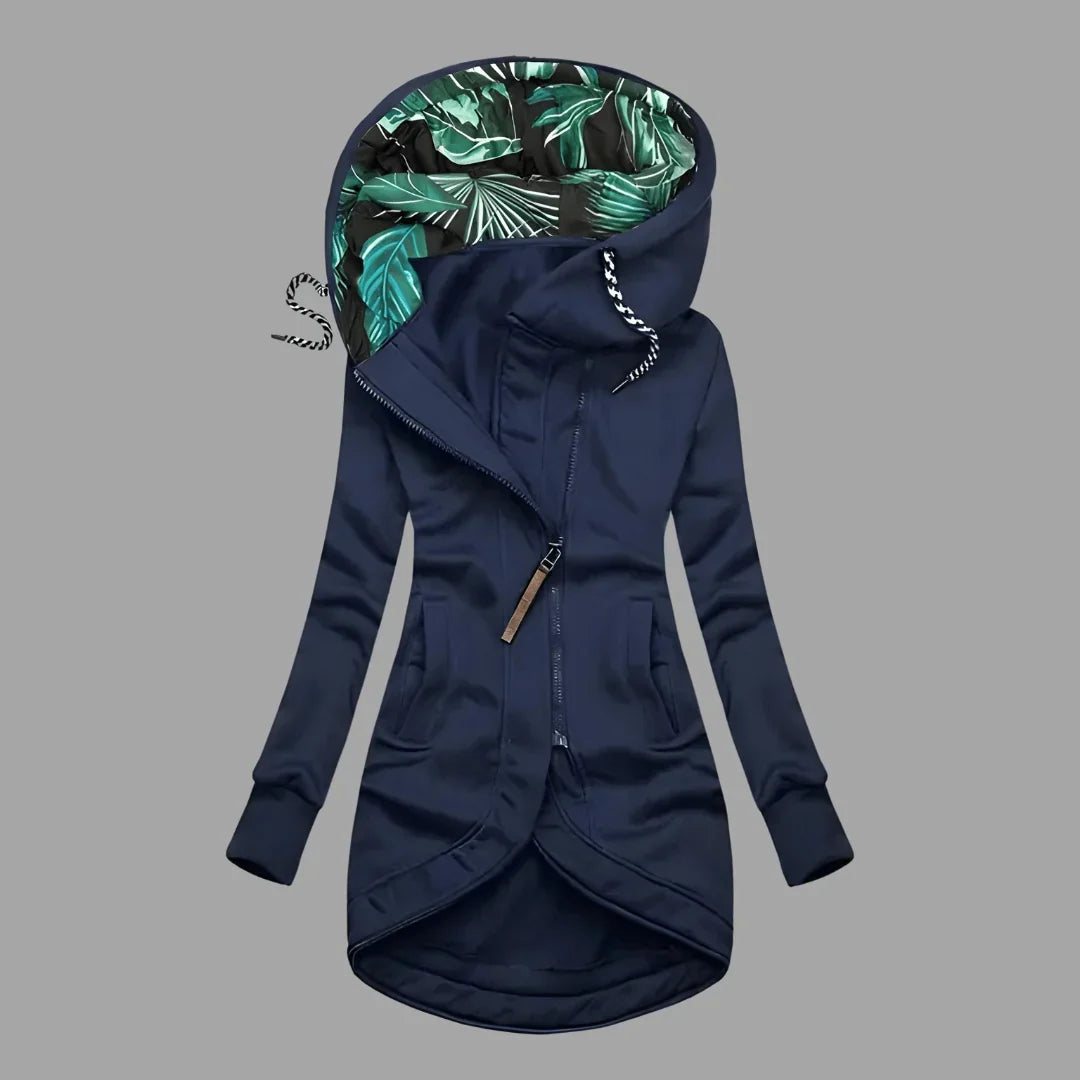 Women's longline hooded shell jacket with drawstring hood and zip front