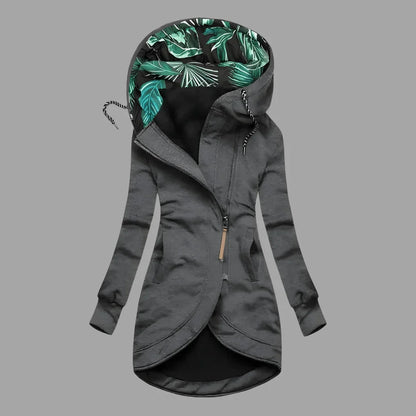 Women's longline hooded shell jacket with drawstring hood and zip front