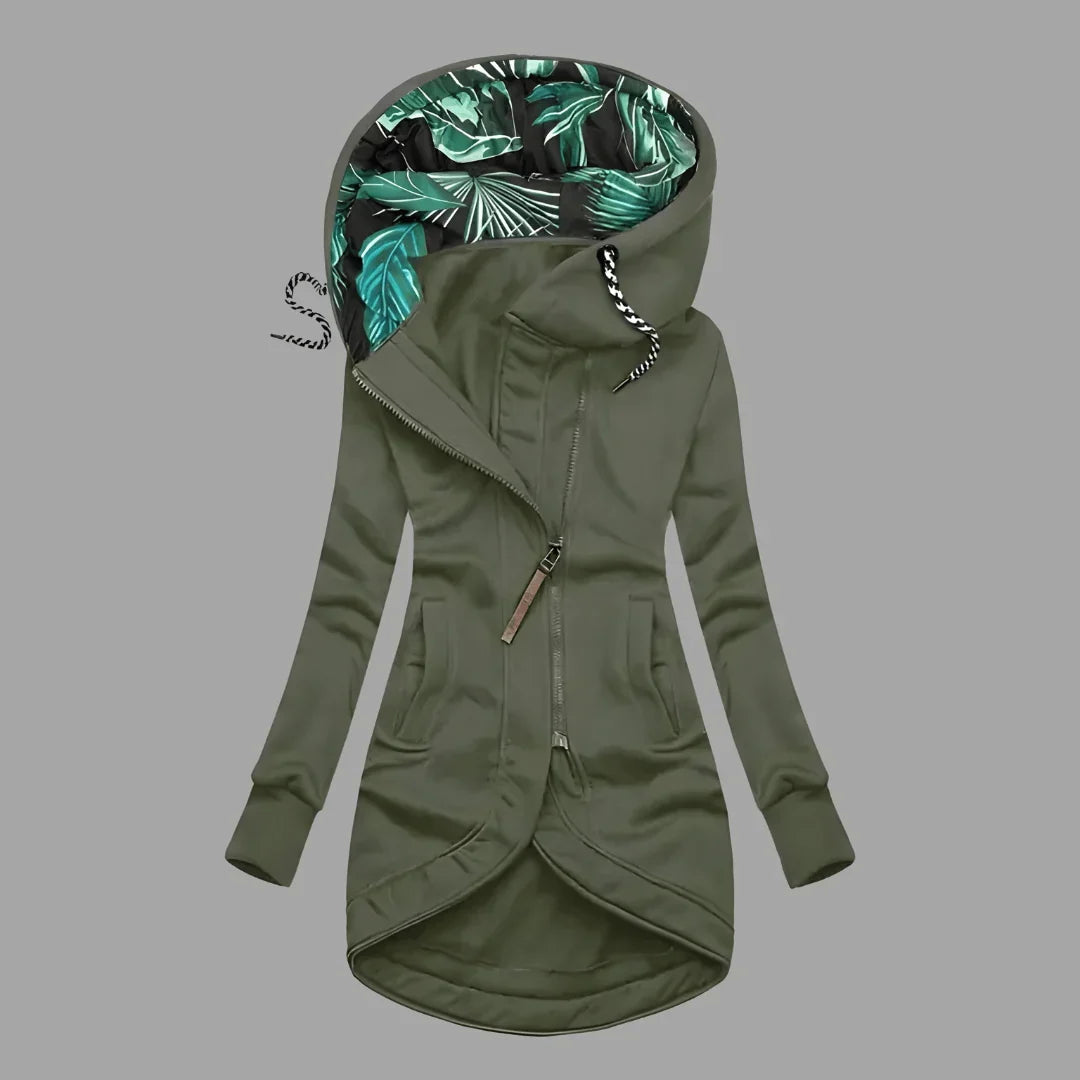 Women's longline hooded shell jacket with drawstring hood and zip front