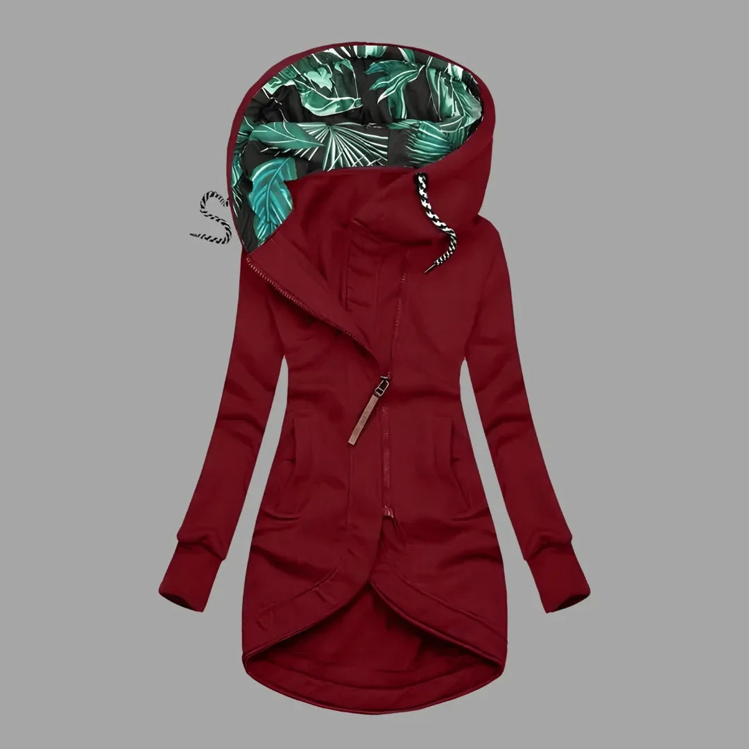 Women's longline hooded shell jacket with drawstring hood and zip front