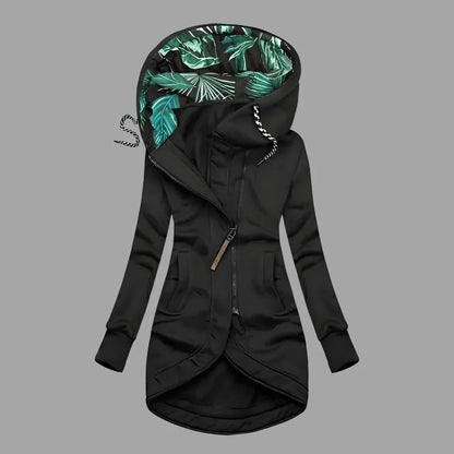 Women's longline hooded shell jacket with drawstring hood and zip front