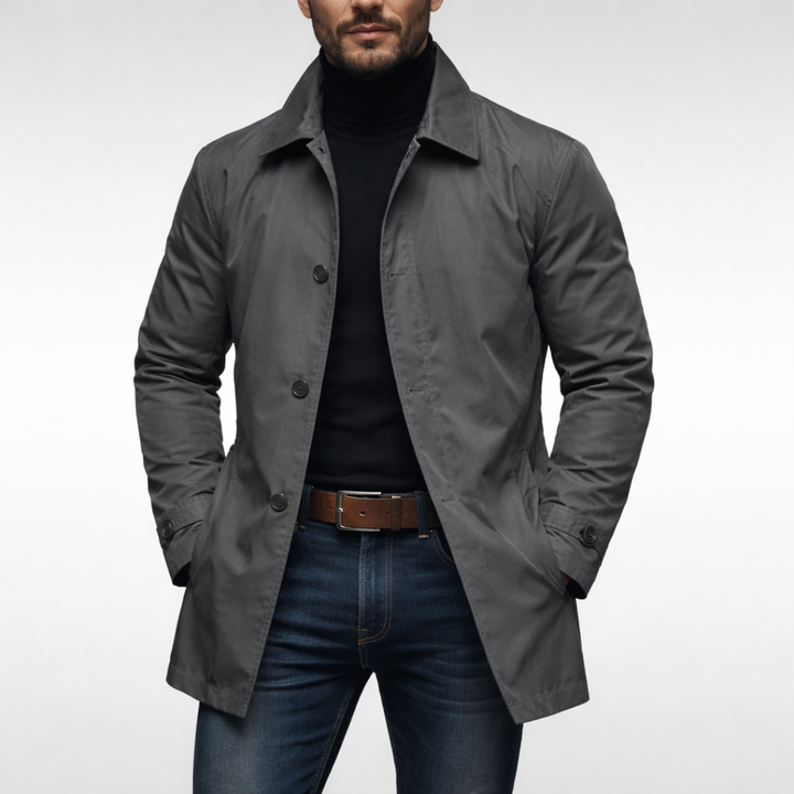 Men's longline trench coat with pointed collar, button front and side pockets