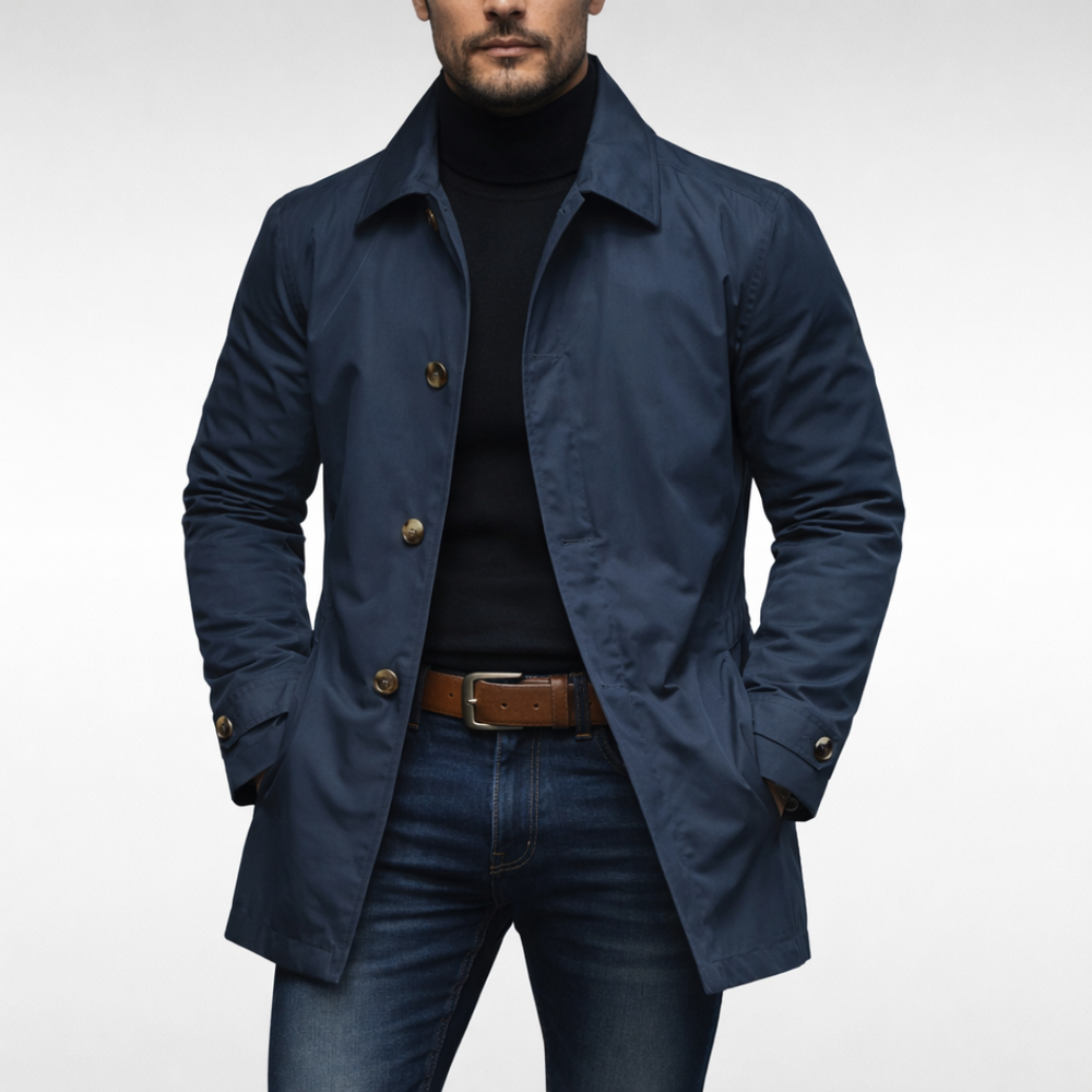 Men's longline trench coat with pointed collar, button front and side pockets