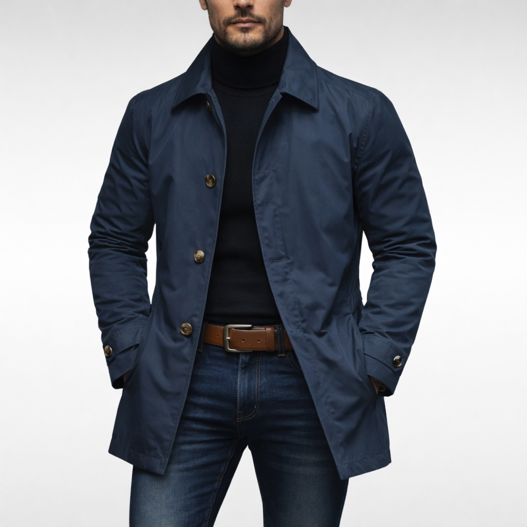 Men's longline trench coat with pointed collar, button front and side pockets