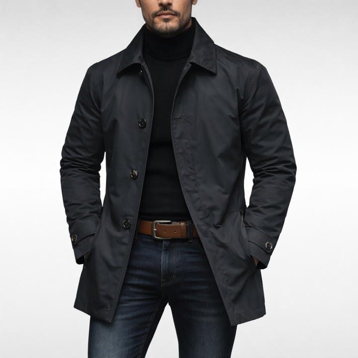 Men's longline trench coat with pointed collar, button front and side pockets