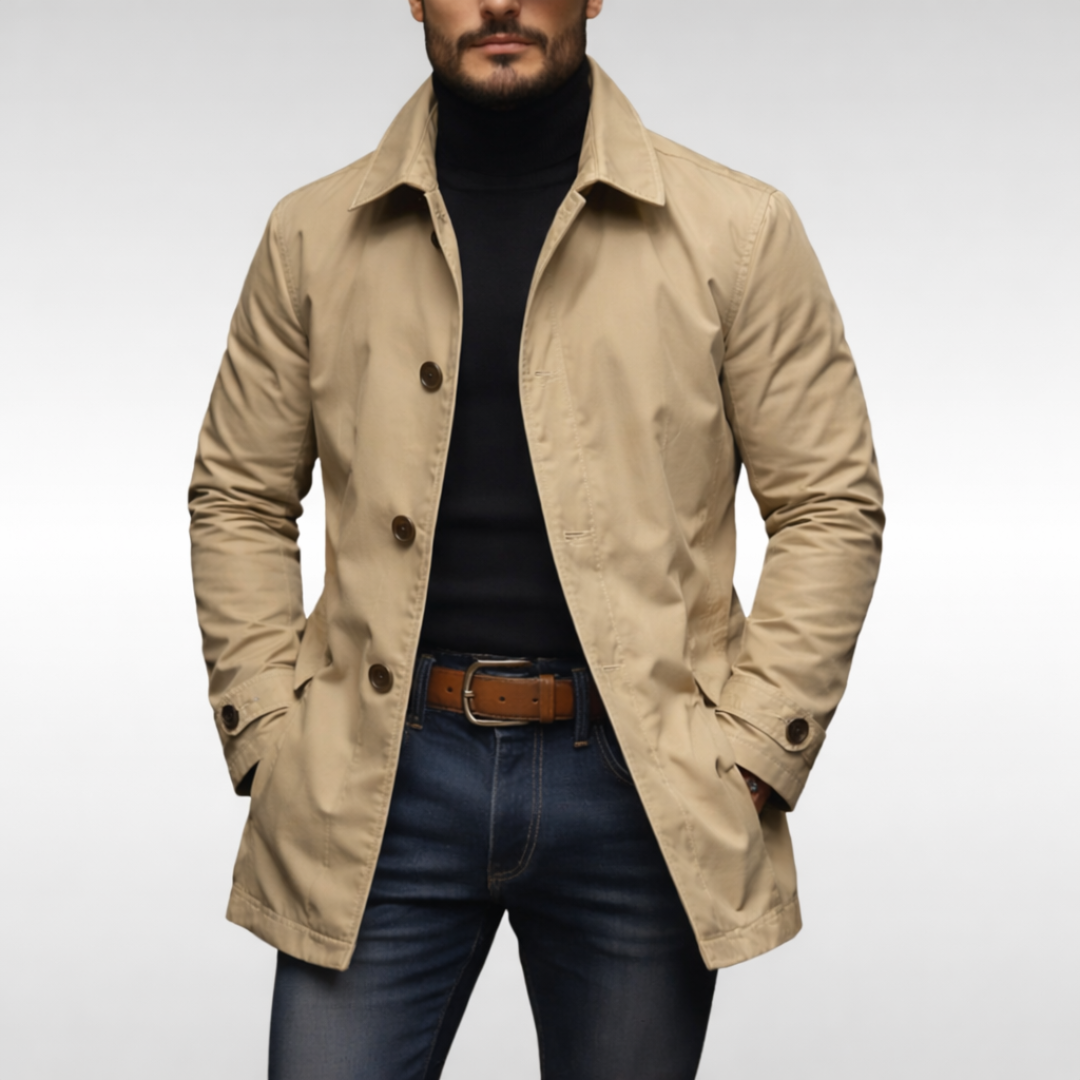 Men's longline trench coat with pointed collar, button front and side pockets