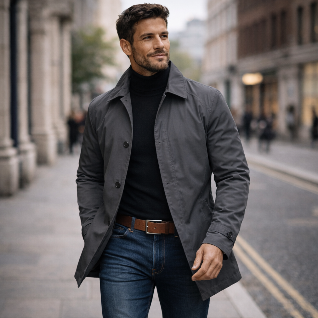 Men's longline trench coat with pointed collar, button front and side pockets