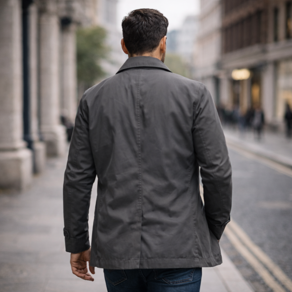 Men's longline trench coat with pointed collar, button front and side pockets
