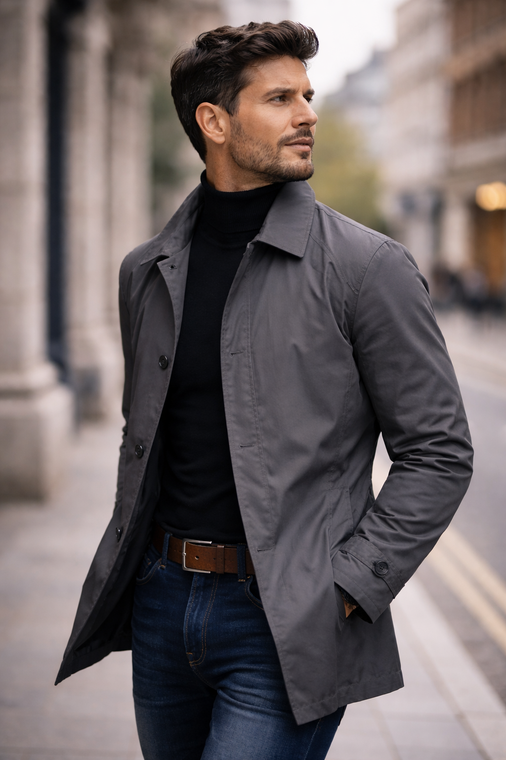 Men's longline trench coat with pointed collar, button front and side pockets