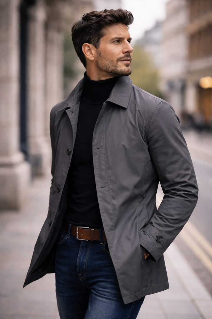 Men's longline trench coat with pointed collar, button front and side pockets