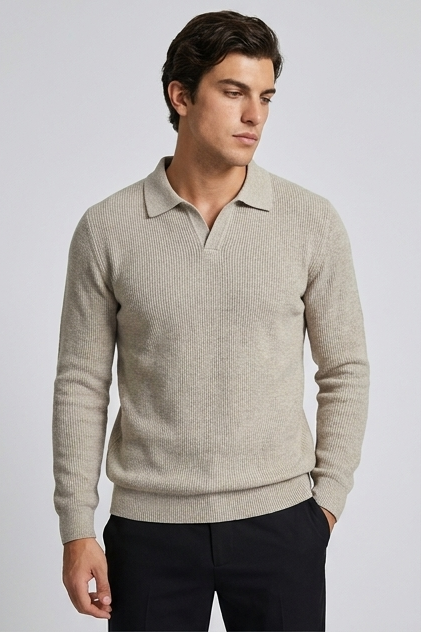Men's long-sleeve textured knit polo shirt with pointed collar