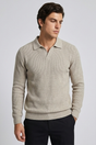 Men's long-sleeve textured knit polo shirt with pointed collar